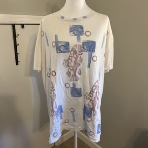Rare 1988 Blue Fish Hand Printed Women's Tee With Pink Fish Print